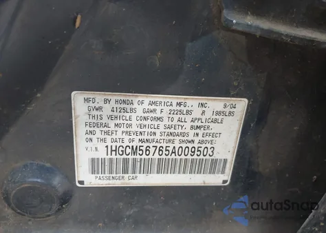 2005 Honda Accord 2.4 Ex from USA, damaged, VIN 1HGCM56765A009503